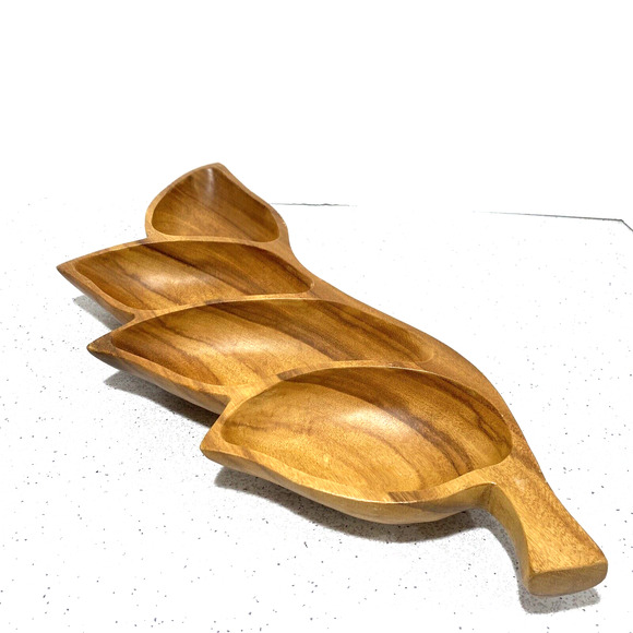 Leilani genuine Monkey Pod Wood hand crafted snack tray 4 section wooden decor - Picture 2 of 9